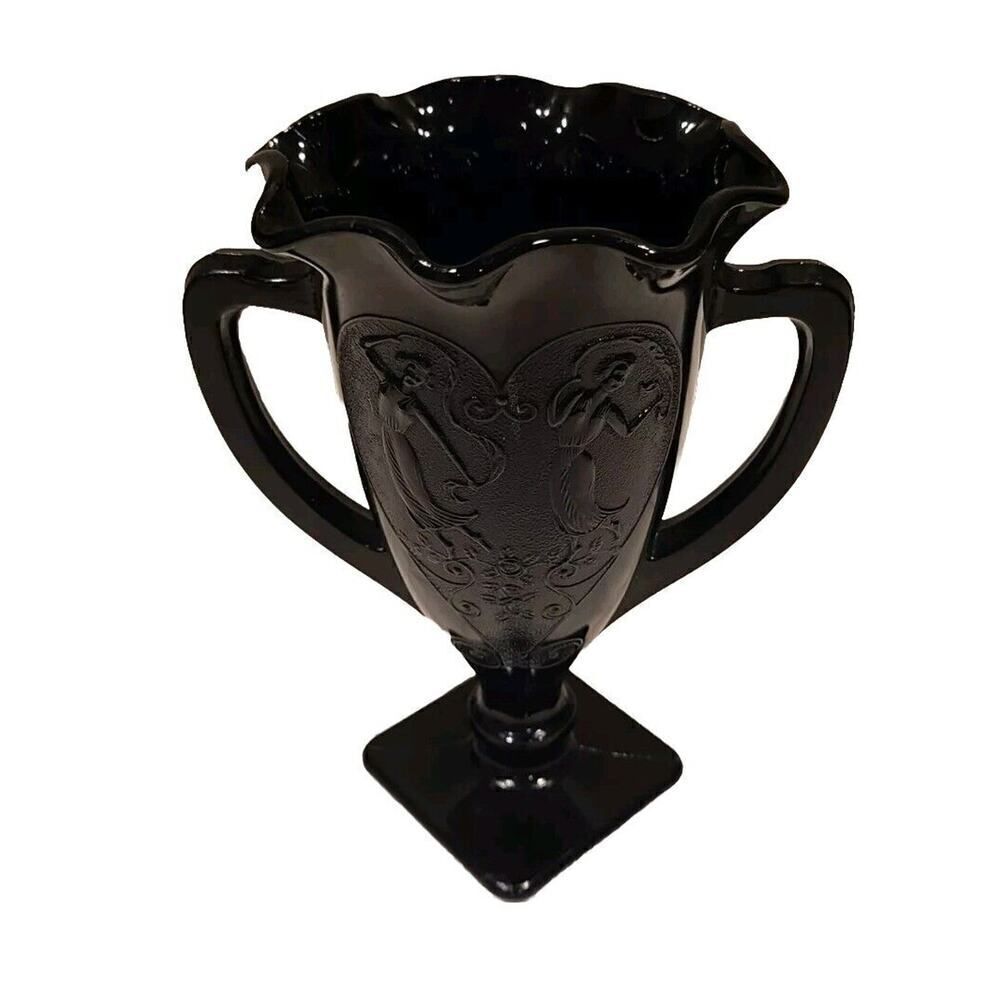 L.E. SMITH 1930s BLK Amethyst Embossed Art Nouveau Dancing Nymph Vase SCALLOPED